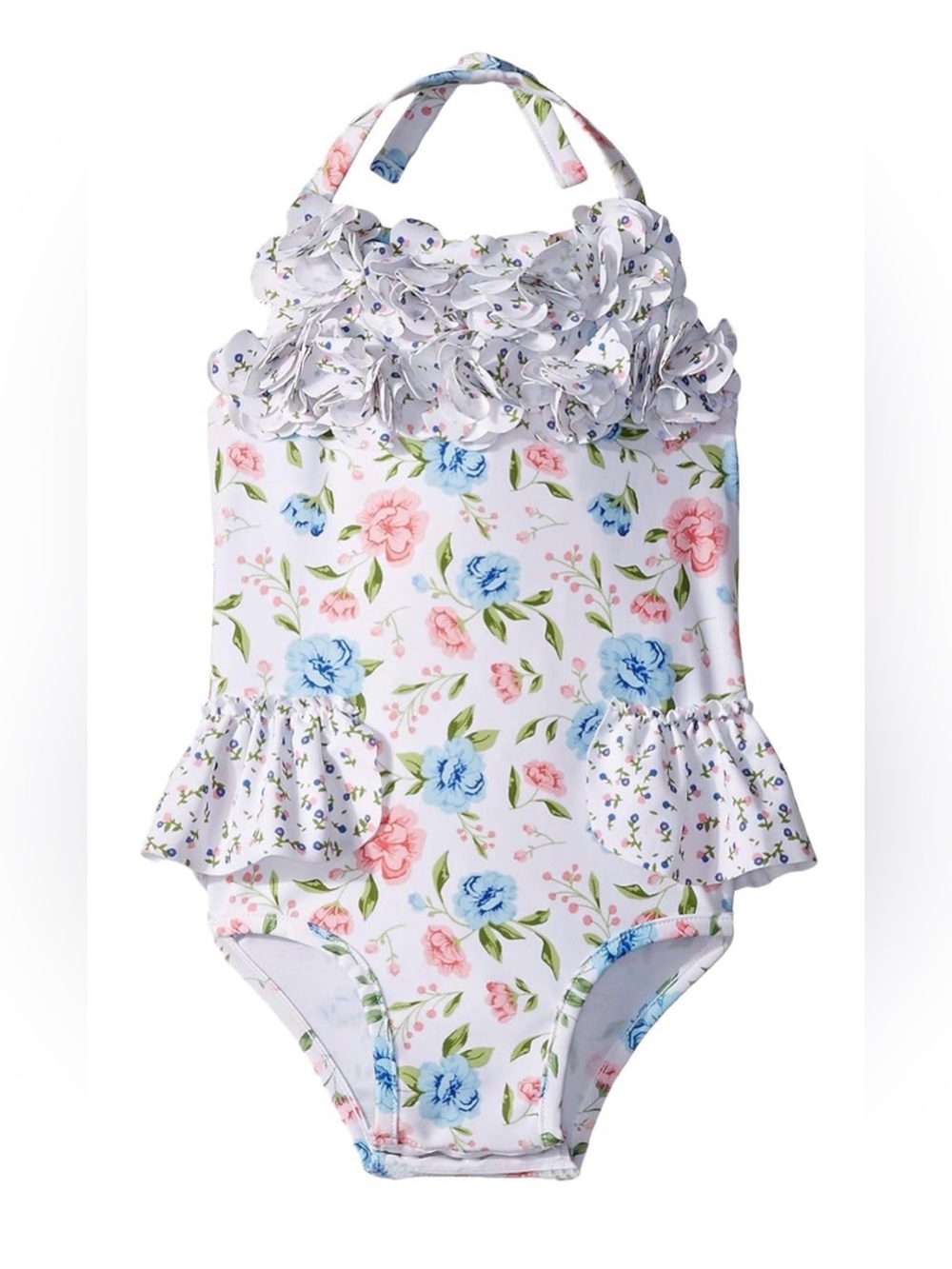 MUD PIE BABY GIRL ROMANTIC ROSES HALTER STYLE RUFFLE HIPS SWIMSUIT SIZE 9-12 M